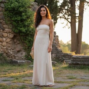 Midnight Sky Sz M Cream Neutral Cotton Linen Strapless Open Back Maxi Dress